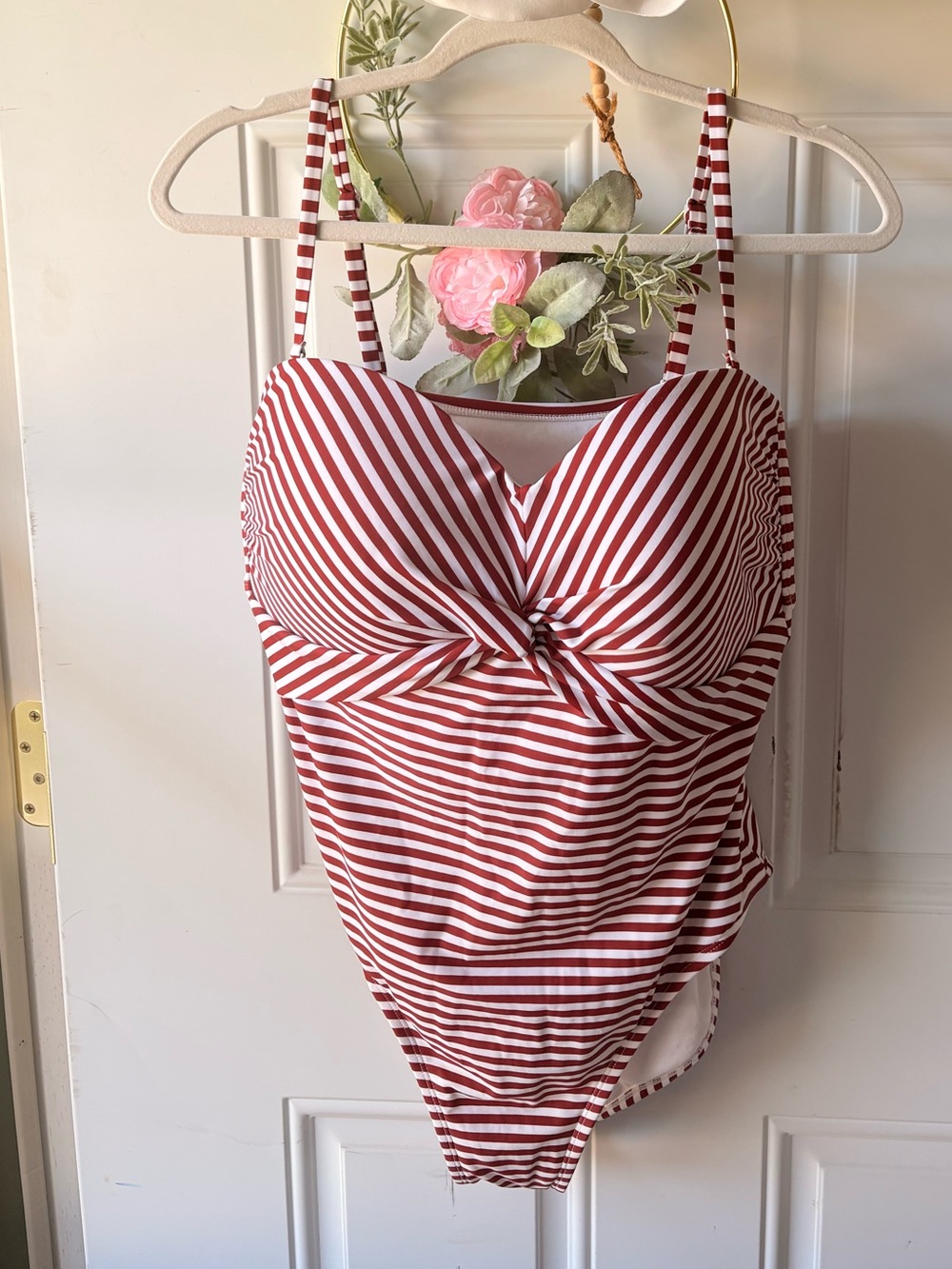 Kona Sol XL Red White Striped Twist Front One Piece Swimsuit